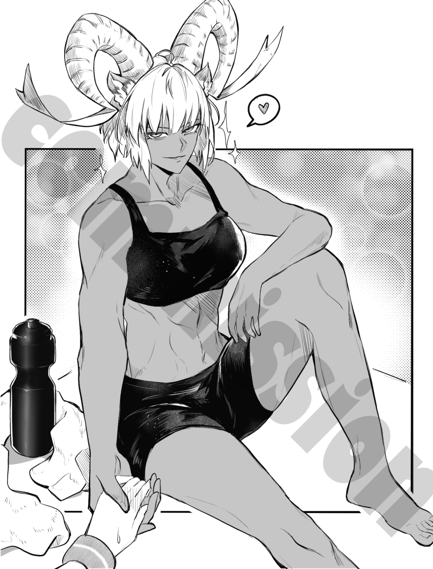 1girl, 1other, abs, absurdres, animal_ears, arknights, arm_on_knee, bare_arms, bare_legs, bare_shoulders, barefoot, black_shorts, border, bottle, breasts, carnelian_(arknights), collarbone, commission, dark-skinned_female, dark_skin, foot_out_of_frame, goat_ears, goat_girl, goat_horns, greyscale, heart, highres, holding_hands, horns, knee_up, looking_at_viewer, medium_breasts, monochrome, nasipattaya, navel, outside_border, pov, pov_hands, short_shorts, shorts, sitting, solo_focus, sparkle, speech_bubble, spoken_heart, sports_bottle, sports_bra, toned, toned_female, towel, watermark, white_border
