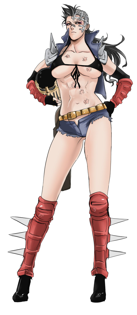 1girl, bandaid, belt, bikini, bikini_top_only, black_bikini, boots, breasts, carrying, carrying_under_arm, cutoffs, denim, denim_shorts, elbow_gloves, female_focus, genderswap, genderswap_(mtf), gloves, hand_on_own_hip, helmet, hokuto_no_ken, jacket, jagi, jobiko, large_breasts, long_hair, open_clothes, open_fly, open_jacket, scar, short_shorts, shorts, solo, spikes, swimsuit, unbuttoned, unworn_headwear, unworn_helmet, vambraces