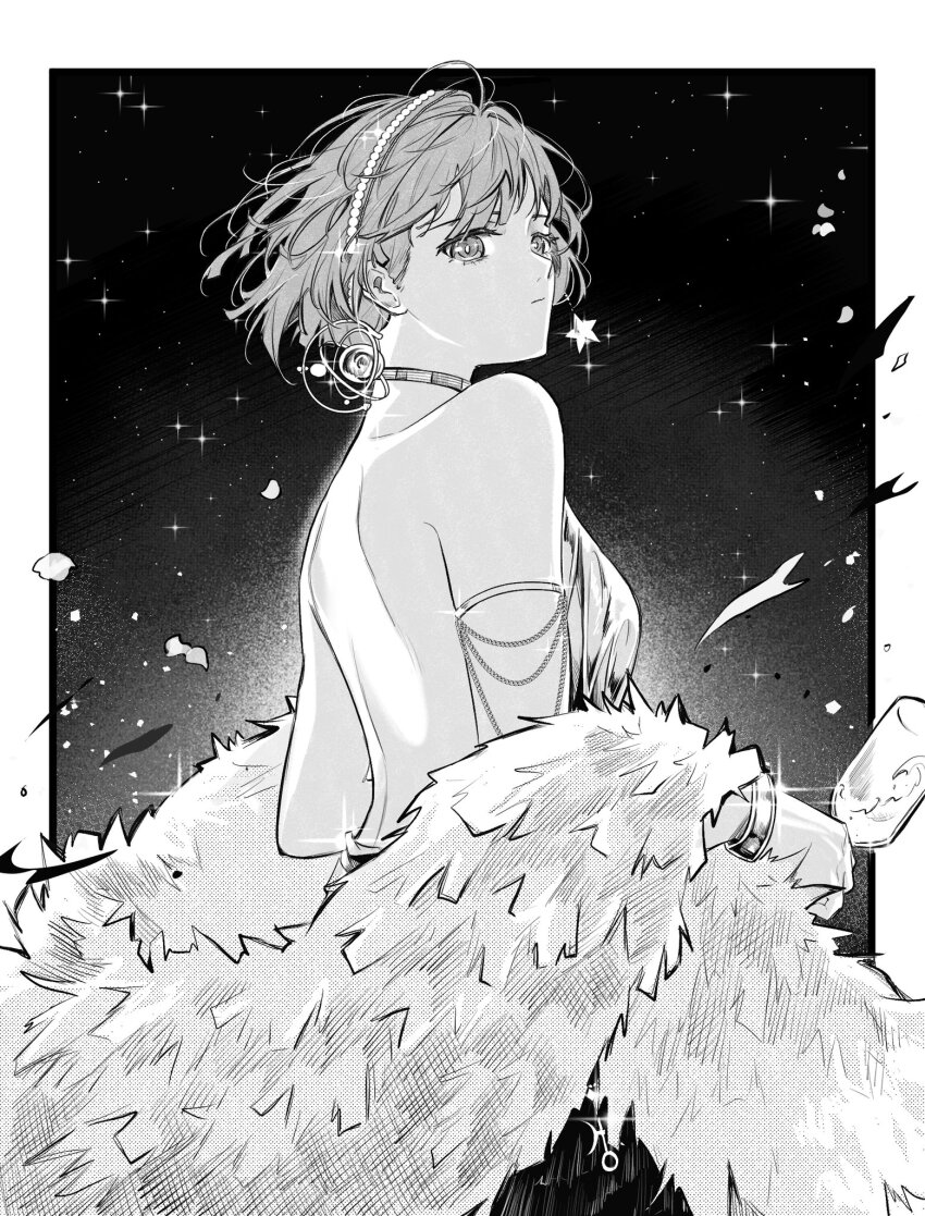 1girl, back, backless_outfit, bare_shoulders, black_background, choker, cup, drinking_glass