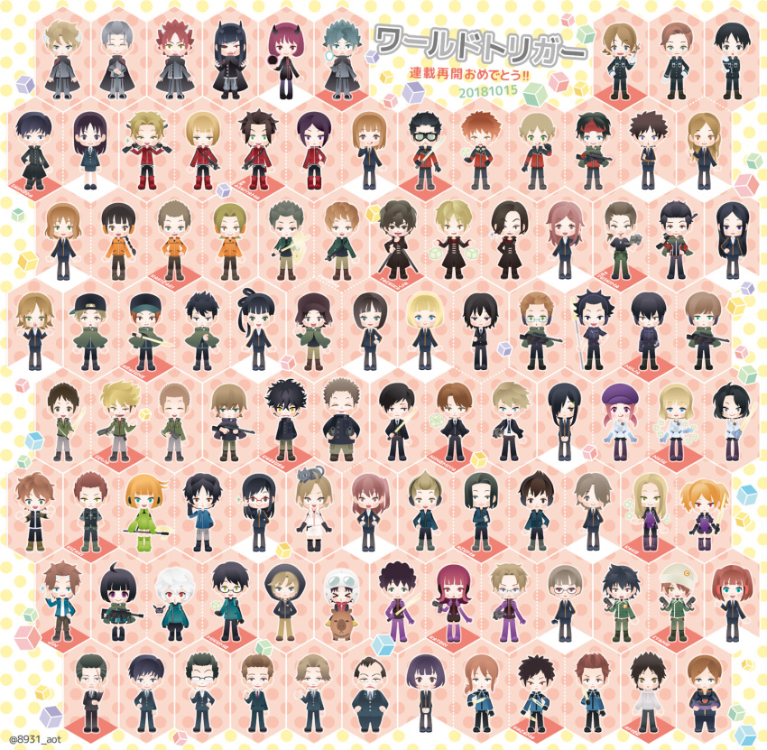 6+boys, 6+girls, ahoge, annotation_request, arafune_squad's_uniform, azuma_squad's_uniform, backwards_hat, beanie