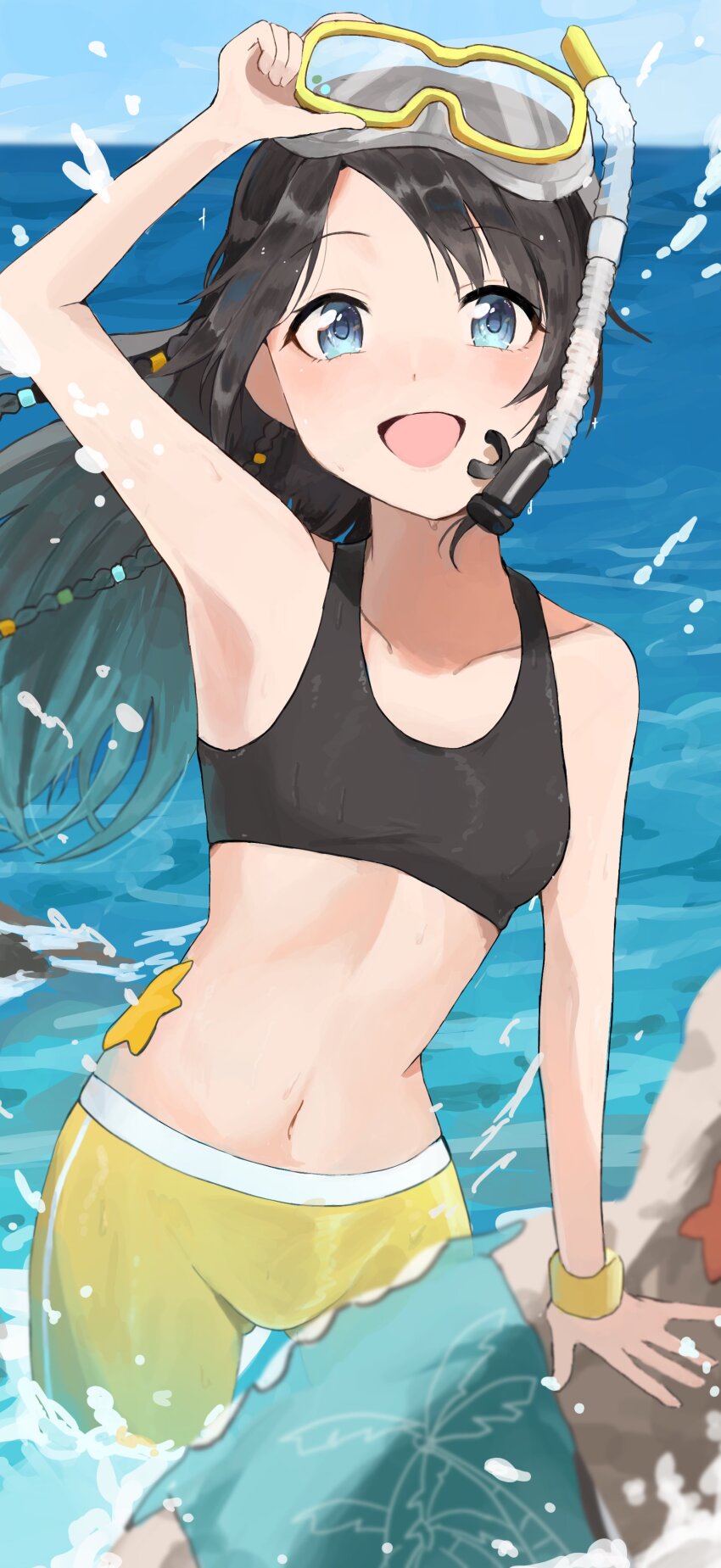 1girl, absurdres, adjusting_goggles, armpits, bare_shoulders, bikini, bikini_shorts, black_bikini, black_hair, blue_eyes, braid, collarbone, deibadoo, facial_hair, goggles, goggles_on_head, green_bikini, highres, idolmaster, idolmaster_shiny_colors, long_hair, mismatched_bikini, mitsumine_yuika, navel, open_mouth, shorts, smile, snorkel, star_(symbol), star_sticker, sticker, surfacing, swimsuit, wading