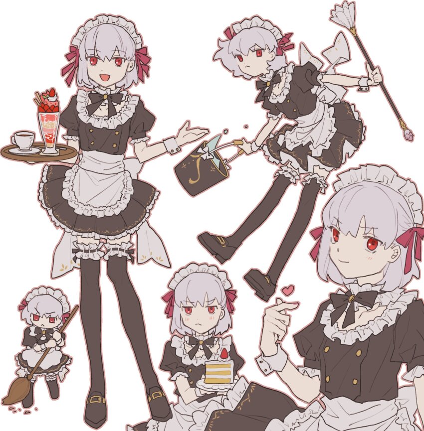 1girl, :<, apron, back_bow, black_bow, black_bowtie, black_dress, black_footwear