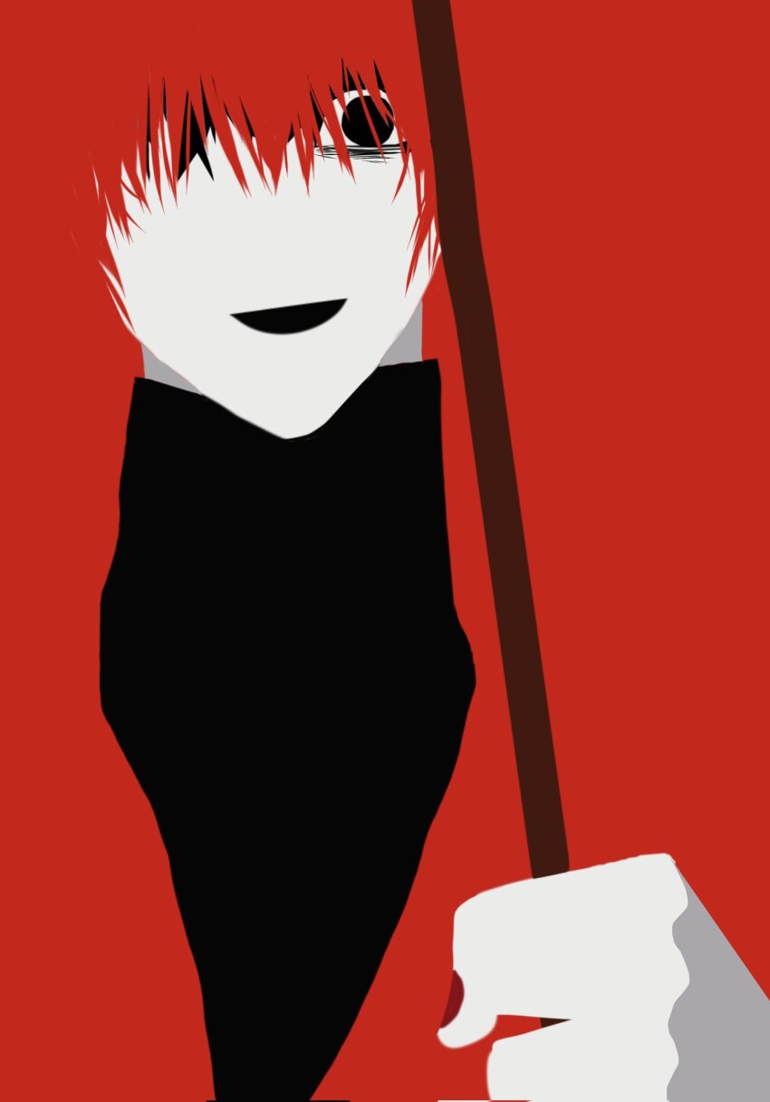 1boy, black_eyes, black_sweater, blending, flat_color, hair_over_one_eye, highres, holding