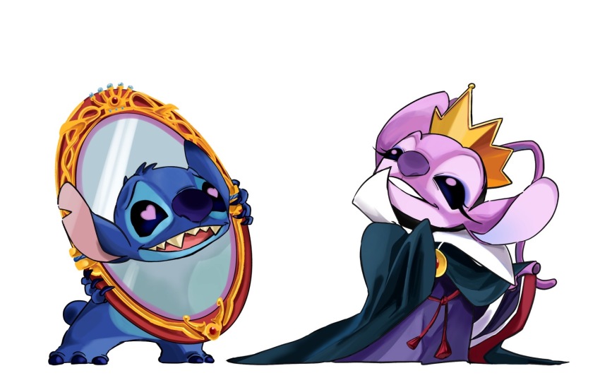 angel_(lilo_&amp;_stitch), cosplay, crown, heart, heart-shaped_pupils, lilo_&amp;_stitch, magic_mirror_(snow_white), magic_mirror_(snow_white)_(cosplay), open_mouth, queen_grimhilde, queen_grimhilde_(cosplay), simple_background, snow_white_and_the_seven_dwarfs_(disney), stitch_(lilo_&amp;_stitch), symbol-shaped_pupils, teeth, upper_teeth_only, white_background, zundamoti2002