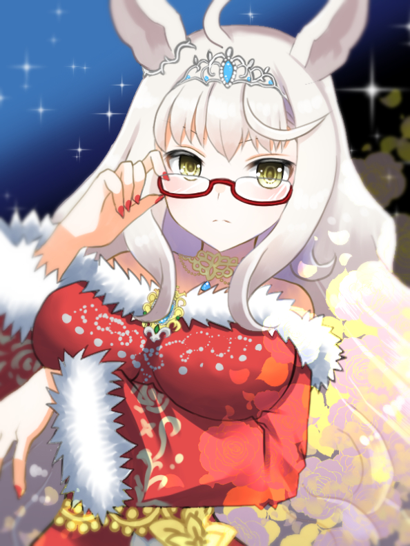 1girl, ahoge, animal_ears, biwa_hayahide_(rouge_caroler)_(umamusume), biwa_hayahide_(umamusume), blurry, blurry_background, blush, breasts, brown_pantyhose, cleavage, closed_mouth, commentary_request, dress, fur-trimmed_dress, fur_trim, glasses, grey_hair, horse_ears, horse_girl, horse_tail, irorian, jewelry, large_breasts, long_sleeves, looking_at_viewer, necklace, pantyhose, red_dress, semi-rimless_eyewear, solo, tail, tiara, umamusume, upper_body, yellow_eyes
