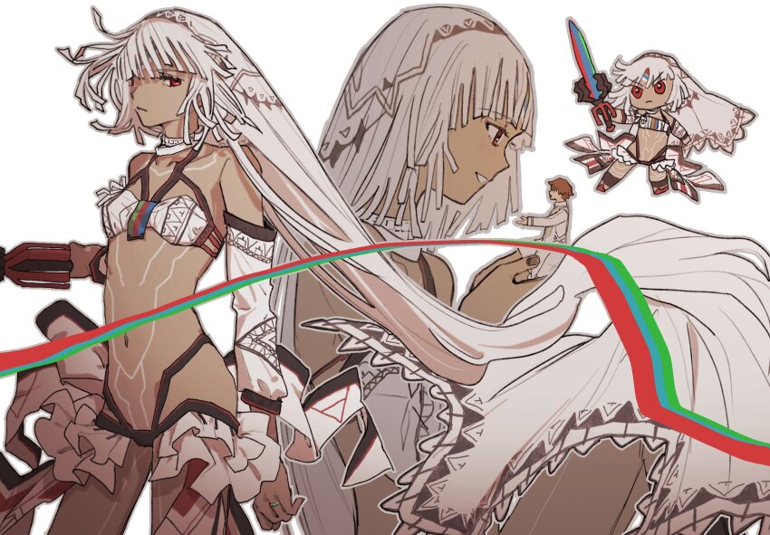 1boy, 1girl, altera_(fate), arm_at_side, black_nails, blunt_ends, body_markings, brown_hair