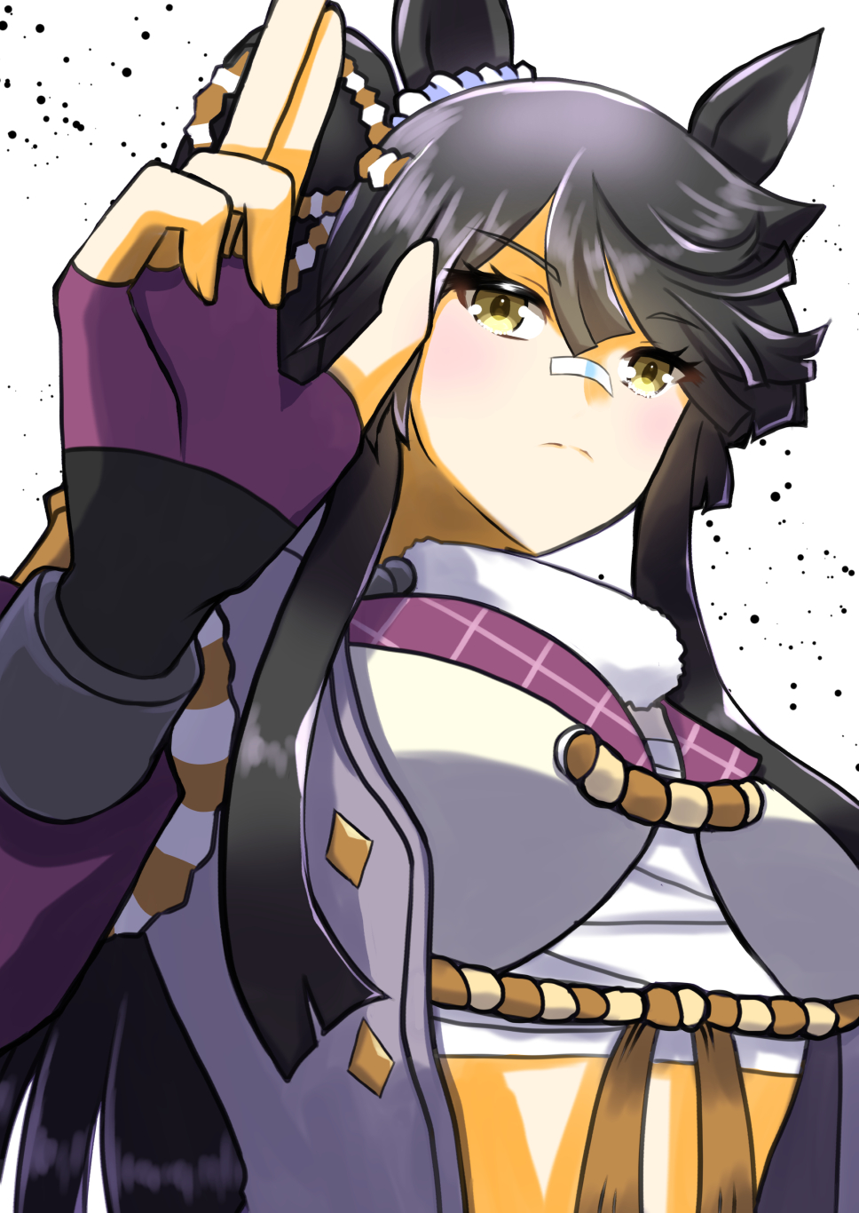 1girl, animal_ears, bandaid, bandaid_on_face, bandaid_on_nose, black_hair, closed_mouth, commentary_request