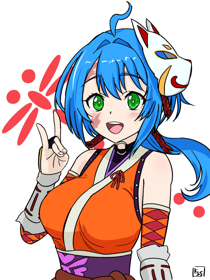 1girl, ahoge, akitsu_akane, blue_hair, blush, fingerless_gloves, fox_mask, gloves, green_eyes, happy, highres, japanese_clothes, kimono, long_hair, long_sleeves, mask, open_mouth, ponytail, salute, scar, scar_on_face, shangri-la_frontier, simple_background, smile, tongue, two-finger_salute, white_background, yukata