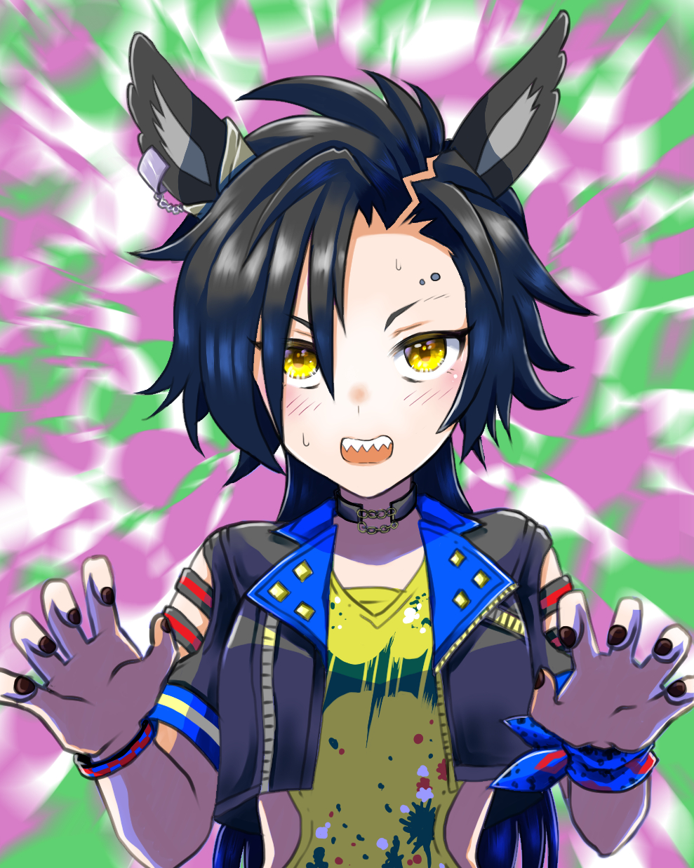 1girl, air_shakur_(umamusume), animal_ears, black_hair, black_jacket, black_nails, bracelet, breasts