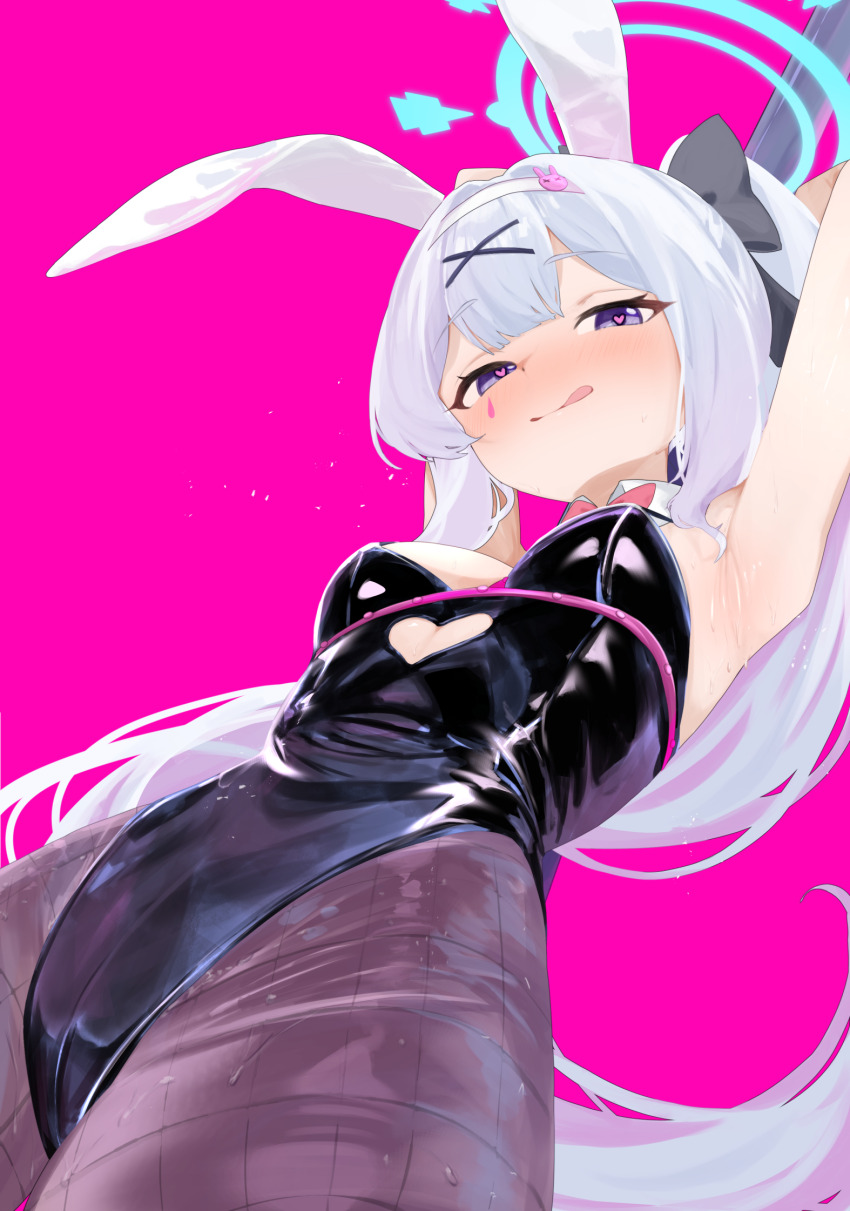1girl, alternate_costume, animal_ears, armpits, arms_up, black_leotard, blue_archive, clothing_cutout, cuffs, cutout_above_navel, detached_collar, facial_mark, fake_animal_ears, from_below, hairband, handcuffs, heart, heart-shaped_pupils, heart_cutout, highres, leotard, licking_lips, looking_at_viewer, looking_down, meliach, miyako_(blue_archive), pink_pupils, playboy_bunny, rabbit_hole_(vocaloid), smile, solo, symbol-shaped_pupils, teardrop_facial_mark, tongue, tongue_out, white_hair, white_hairband