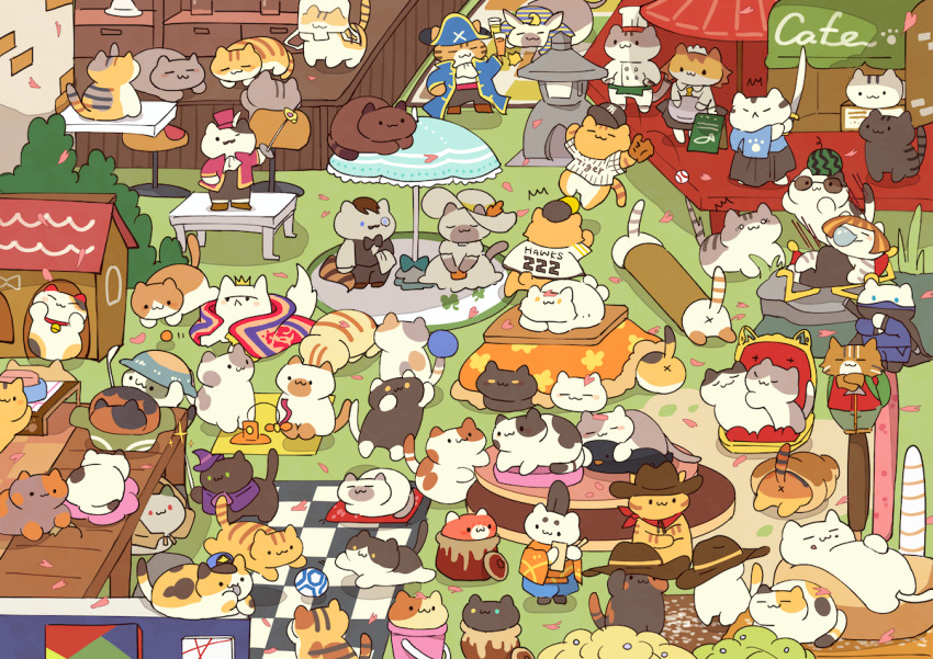 akage-san, akasabi-san, amesho-san, ball, bandana, baseball_(object), baseball_cap, baseball_glove, bell, bisutoro-san, black_bow, black_bowtie, bow, bowl, bowtie, buchi-san, bucket, cat, chaapointo-san, chahachi-san, chatora-san, chef_hat, choco-san, collar, commentary_request, cowboy_hat, crown, drink, ekichou-san, food, fruit, fujideko-san, ginuzu-san, hachiware-san, haibuchi-san, haihachi-san, haiiro-san, haisabi-san, haishiro-san, hat, hokusu-san, holding, holding_sword, holding_wand, holding_weapon, japanese_clothes, kafe-san, kiddo-san, kijitora-san, koikoi-san, kotatsu, kuriimu-san, kuriimutora-san, kurobuchi-san, kuroneko-san, kurotobi-san, kurotora-san, kutsushita-san, manzoku-san, maromayu-san, mikadzuki-san, mike-san, monocle, mugiwara-san, nabeneko-san, nagagutsu-san, nakkasu, neck_bell, neko_atsume, nekomata-san, no_humans, nose_bubble, oddo-san, osamurai-san, pet_bowl, pointo-san, purinsu-san, rapier, roja-san, sabatora-san, sabigara-san, safaia-san, sebasu-san, shimamike-san, shimapointo-san, shinobu-san, shirochatora-san, shirochauzu-san, shirokiji-san, shirokuro-san, shiromike-san, shironeko-san, shirosaba-san, shirotora-san, sufuin-san, sunglasses, sword, table, tatejima-san, tobi-san, tobigara-san, tobimike-san, torapointo-san, usumike-san, wand, watermelon, weapon, whistle, witch_hat, x_anus, yamaneko-san, yukineko-san