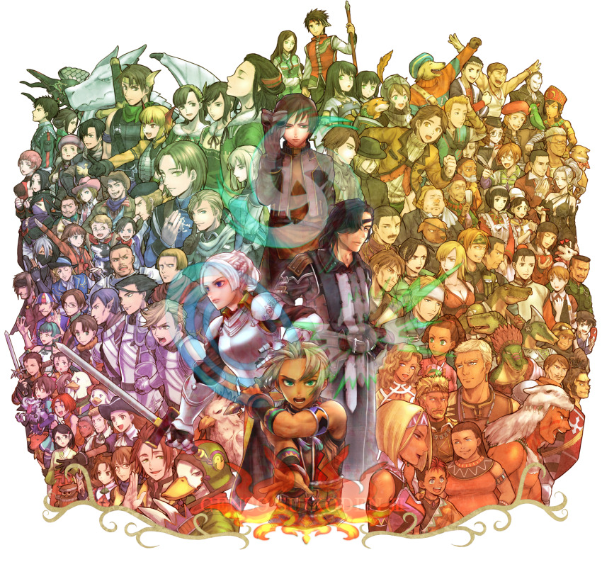 6+boys, 6+girls, aila_(suikoden), anne_(suikoden), apron, armor, ayame_(suikoden), bandana