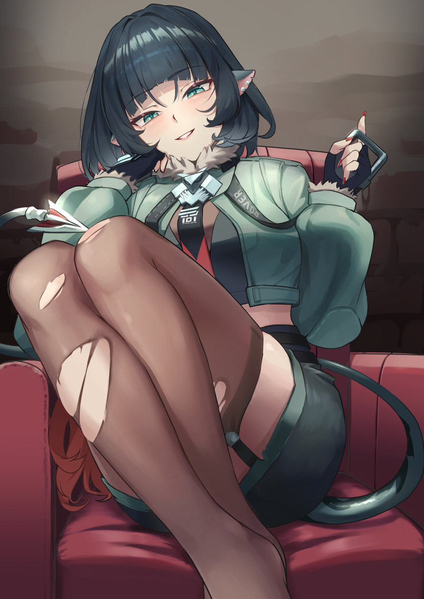 1girl, absurdres, animal_ears, arched_bangs, black_gloves, black_hair, black_pantyhose, black_shirt, black_shorts, black_thighhighs, blue_eyes, blunt_bangs, breasts, cyclone_tarou, fingerless_gloves, gloves, gradient_hair, grey_jacket, highres, jacket, jane_doe_(zenless_zone_zero), large_breasts, long_hair, long_sleeves, looking_at_viewer, mouse_girl, multicolored_hair, nail_polish, open_clothes, open_jacket, pantyhose, red_hair, red_nails, shirt, short_shorts, shorts, single_leg_pantyhose, single_thighhigh, solo, tail, thighhighs, thighs, torn_clothes, torn_pantyhose, zenless_zone_zero