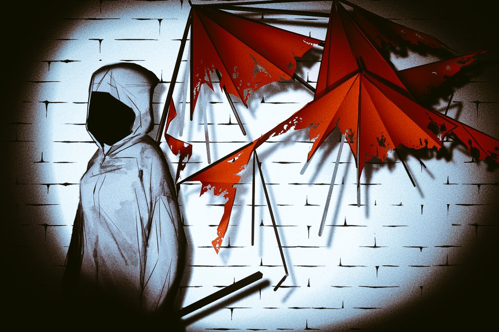 1girl, brick_wall, commentary, crowbar, adashino_adami, holding, holding_crowbar, homicipher, md_1211_zzz, mr._scarletella, raincoat, red_umbrella, solo, spotlight, umbrella