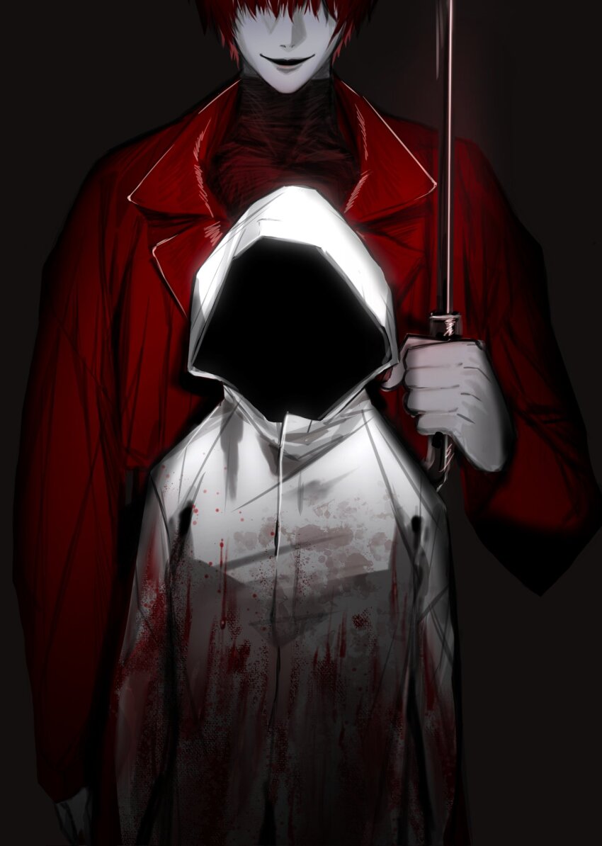 1boy, 1girl, black_background, blood, blood_on_clothes, coat, covered_eyes, dark, facing_viewer, adashino_adami, highres, holding, holding_umbrella, homicipher, md_1211_zzz, mr._scarletella, raincoat, red_coat, red_hair, short_hair, simple_background, umbrella, upper_body, white_raincoat
