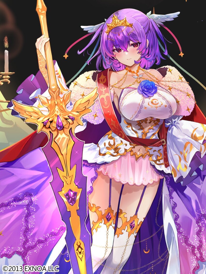 1girl, 2013, aran_(sennen_sensou_aigis), awakening_(sennen_sensou_aigis), blue_flower, blue_rose, breasts, bridal_gauntlets