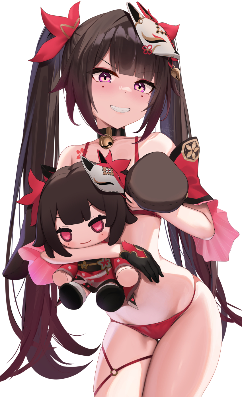 1girl, alternate_costume, bell, bikini, black_choker, brown_hair, butterfly-shaped_pupils, character_doll