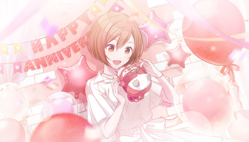 1girl, against_wall, balloon, banner, bead_bracelet, bead_necklace, beads, blurry