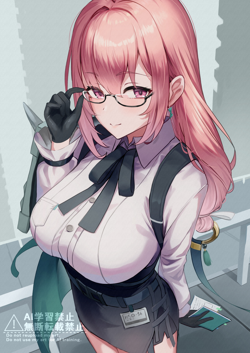 1girl, absurdres, black_gloves, black_skirt, breasts, closed_mouth, cowboy_shot, cyclone_tarou