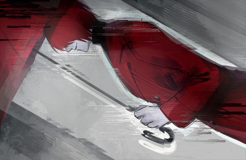 1boy, chinese_commentary, coat, commentary_request, cowboy_shot, dutch_angle, glitch, grey_background