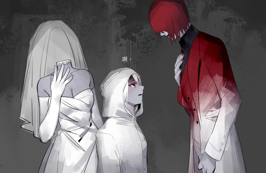 1boy, 2girls, bridal_veil, chinese_commentary, chinese_text, coat, commentary_request, cowboy_shot