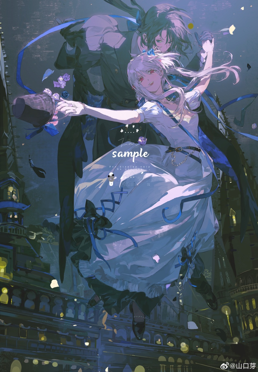 1boy, 1girl, absurdres, bare_arms, basket, black_bow, black_coat, black_footwear