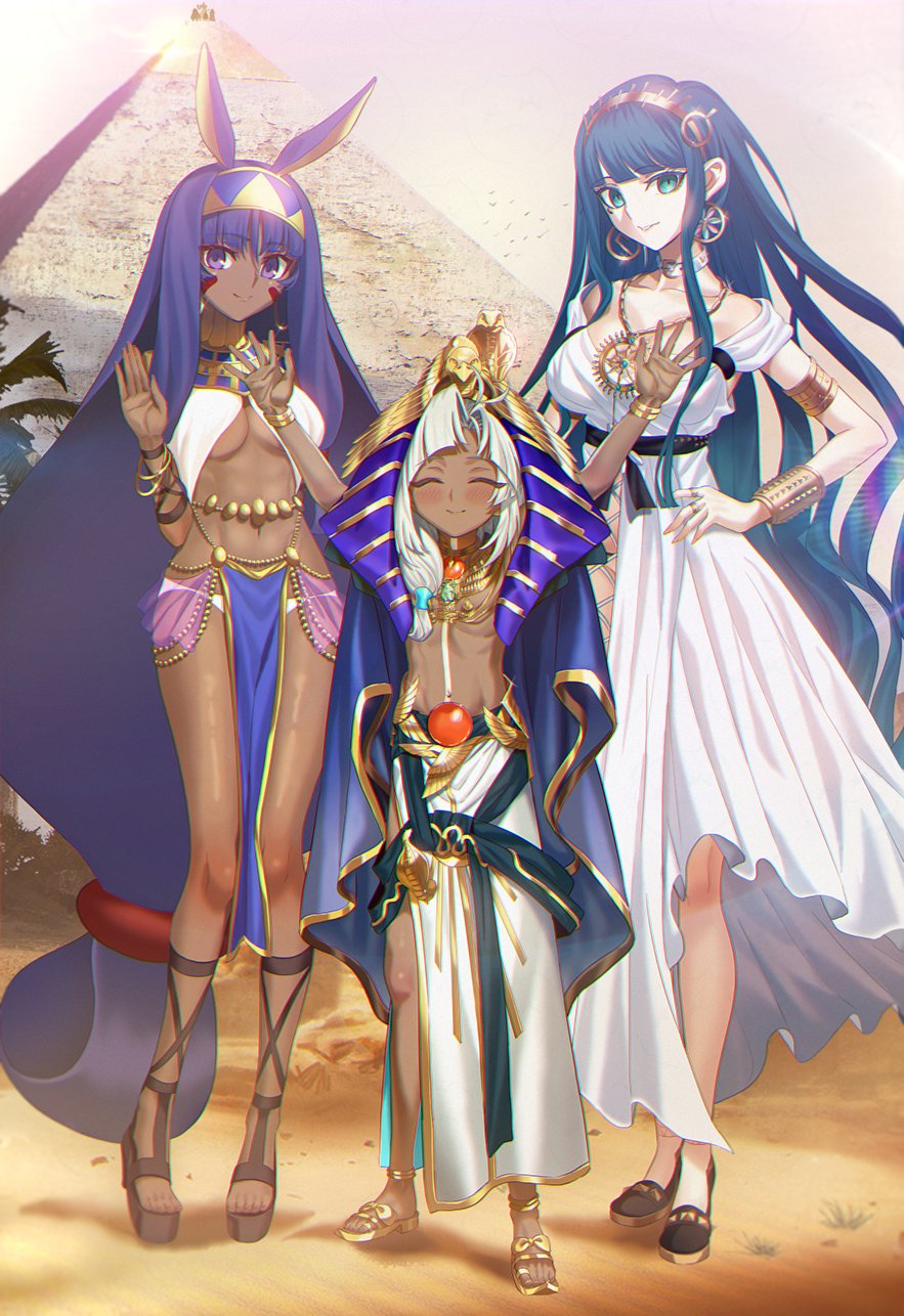 1boy, 2girls, animal_ears, aora, armlet, arms_up, bare_shoulders, belly_chain