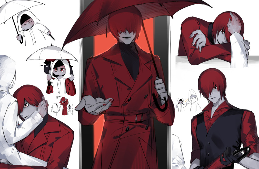 1boy, 3girls, black_vest, blood, blood_on_hands, chinese_commentary, coat, commentary_request, guotang, hair_over_eyes, hair_over_one_eye, hairdresser_(homicipher), headpat, adashino_adami, hetero, highres, holding, holding_umbrella, homicipher, hood, hood_up, mr._scarletella, multiple_girls, multiple_views, raincoat, red_coat, red_eyes, red_hair, red_shirt, red_umbrella, shirt, short_hair, the_bride_(homicipher), umbrella, vest, white_background, white_hair, white_raincoat, white_umbrella