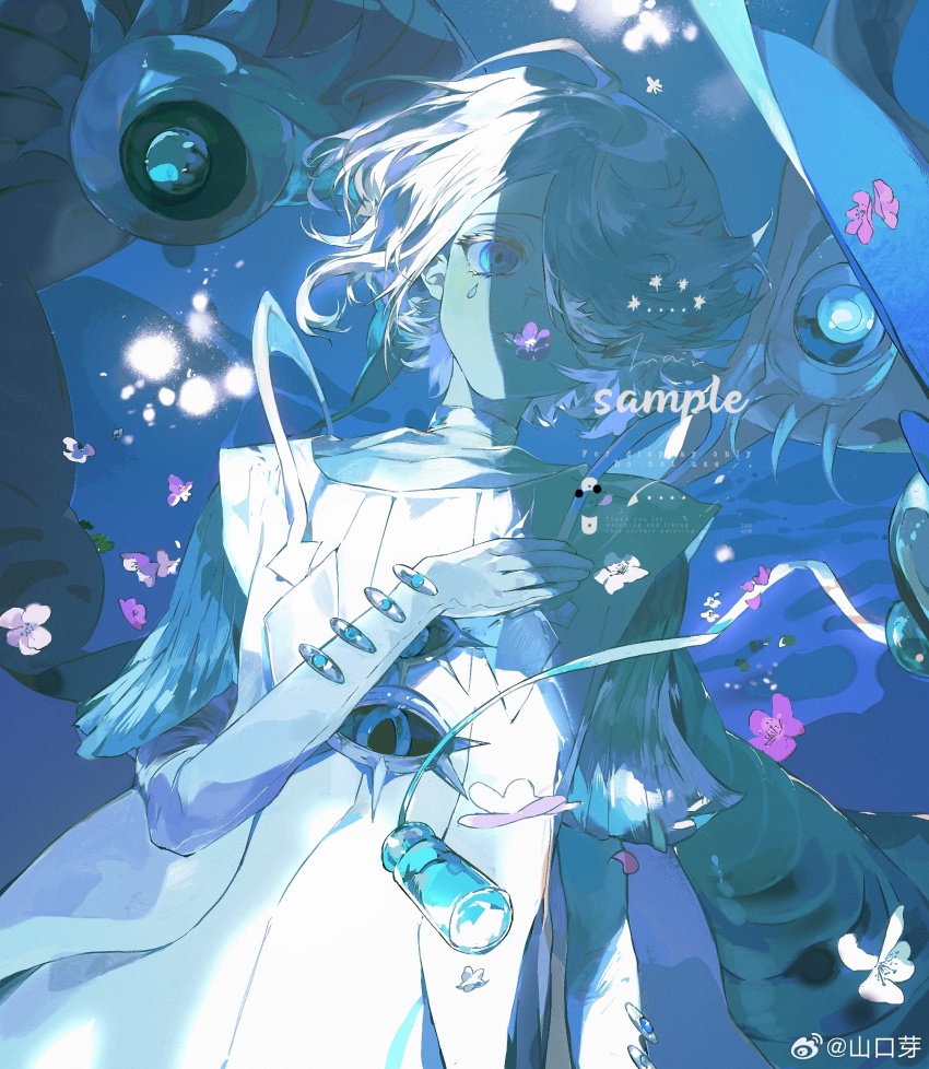 1girl, blue_eyes, blue_shirt, bottle, chinese_commentary, choker, collarbone, colored_eyelashes