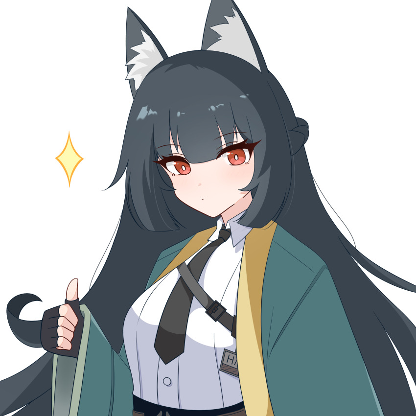 1girl, absurdres, animal_ear_fluff, animal_ears, black_gloves, black_hair, black_necktie, closed_mouth