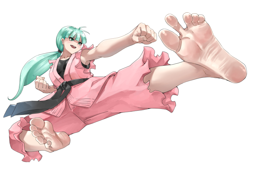1girl, barefoot, cosplay, darkstalkers, dougi, eiji_(eiji), feet, flying_kick, green_hair, hibiki_dan, hibiki_dan_(cosplay), highres, kicking, martial_arts_belt, morrigan_aensland, pants, pink_pants, ponytail, smile, soles, street_fighter, toes, torn_clothes, torn_pants, undershirt