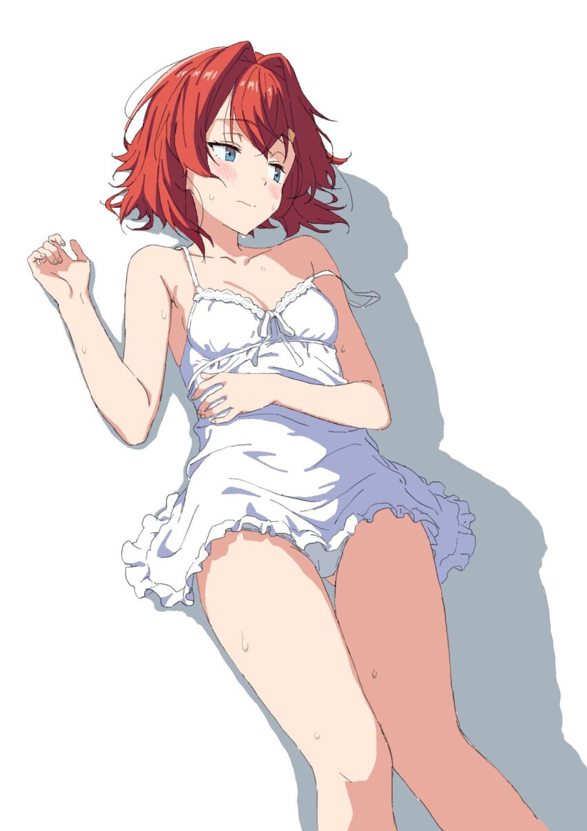 1girl, ange_katrina, armpit_crease, averting_eyes, babydoll, blue_eyes, blush, breasts, cleavage, gluteal_fold, hair_between_eyes, hair_intakes, highres, kurumi_(lqpe4ahc6x59784), looking_to_the_side, lying, medium_hair, nijisanji, on_back, panties, red_hair, shadow, sideboob, small_breasts, solo, spaghetti_strap, strap_slip, sweat, underwear, virtual_youtuber, wavy_mouth, white_babydoll, white_background, white_panties