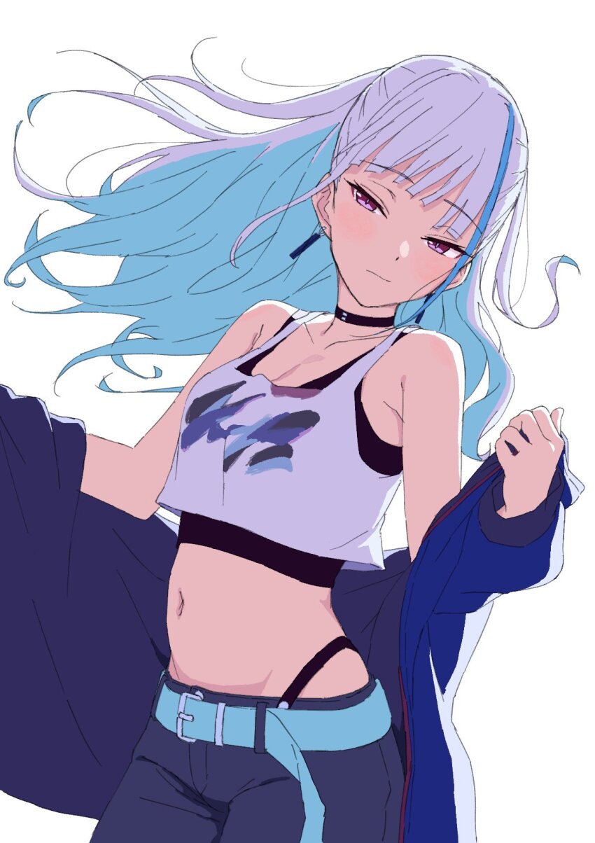 1girl, bare_shoulders, belly, blue_hair, blue_jacket, blush, breasts, cleavage