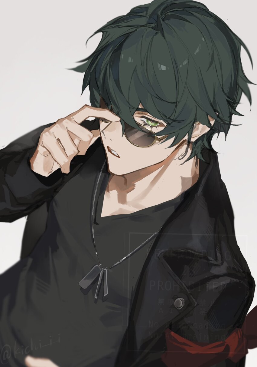 1boy, black_jacket, black_shirt, green_eyes, green_hair, grey_background, hair_between_eyes, highres