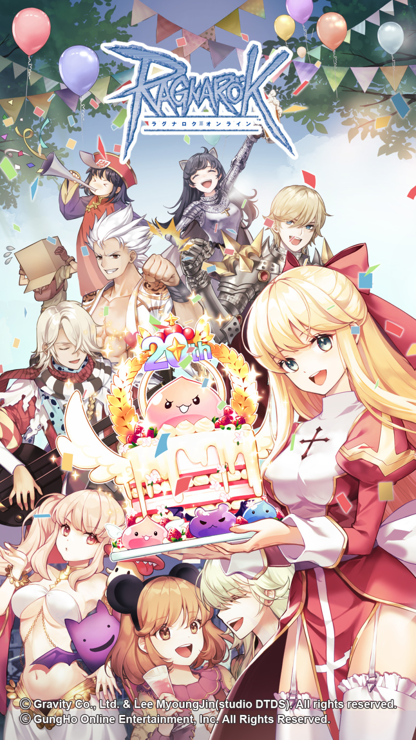 4boys, 6+girls, :3, angeling, animal_ears, anniversary, anze_(gravity), armor, balloon, black_hair, black_scarf, blonde_hair, blue_eyes, blue_scarf, bow, box, box_on_head, breastplate, breasts, brown_eyes, brown_hair, brown_jacket, cake, cardboard_box, cat_ears, chainmail, closed_eyes, closed_mouth, coat, confetti, copyright_notice, cowboy_shot, detached_sleeves, deviling, deviruchi, dress, fake_animal_ears, flat_chest, food, garter_straps, gauntlets, green_eyes, guitar, gypsy_(ragnarok_online), hair_bow, hat, high_priest_(ragnarok_online), highres, holding, holding_cake, holding_food, holding_instrument, holding_trumpet, instrument, jacket, jiangshi, juliet_sleeves, knight_(ragnarok_online), logo, long_hair, long_sleeves, looking_at_another, looking_at_viewer, looking_to_the_side, marin_(ragnarok_online), medium_breasts, merchant_(ragnarok_online), minstrel_(ragnarok_online), mouse_ears, multiple_boys, multiple_girls, munak, music, novice_(ragnarok_online), official_art, official_wallpaper, open_clothes, open_mouth, open_shirt, pauldrons, pink_eyes, pink_hair, playing_instrument, polka_dot, polka_dot_scarf, poring, puffy_sleeves, qingdai_guanmao, ragnarok_online, red_bow, red_coat, red_dress, red_scarf, red_sleeves, rune_knight_(ragnarok_online), scarf, shirt, short_hair, shoulder_armor, smile, spiked_hair, spiked_pauldrons, star_emperor_(ragnarok_online), streamers, striped_clothes, striped_scarf, thief_(ragnarok_online), thighhighs, trumpet, two-tone_dress, underboob, white_dress, white_hair, white_scarf, white_shirt, white_thighhighs