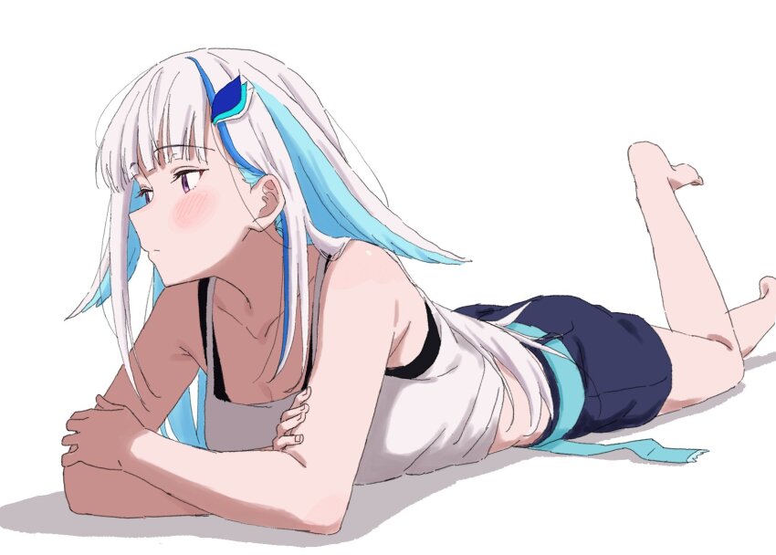 1girl, armpit_crease, blue_hair, blue_shorts, blush, breasts, cleavage, closed_mouth, collarbone, crossed_arms, foreshortening, full_body, highres, kurumi_(lqpe4ahc6x59784), leg_up, light_frown, lize_helesta, lize_helesta_(8th_costume), long_hair, looking_to_the_side, lying, medium_breasts, midriff, multicolored_hair, nijisanji, on_stomach, purple_eyes, shorts, simple_background, solo, streaked_hair, tank_top, virtual_youtuber, white_background, white_hair