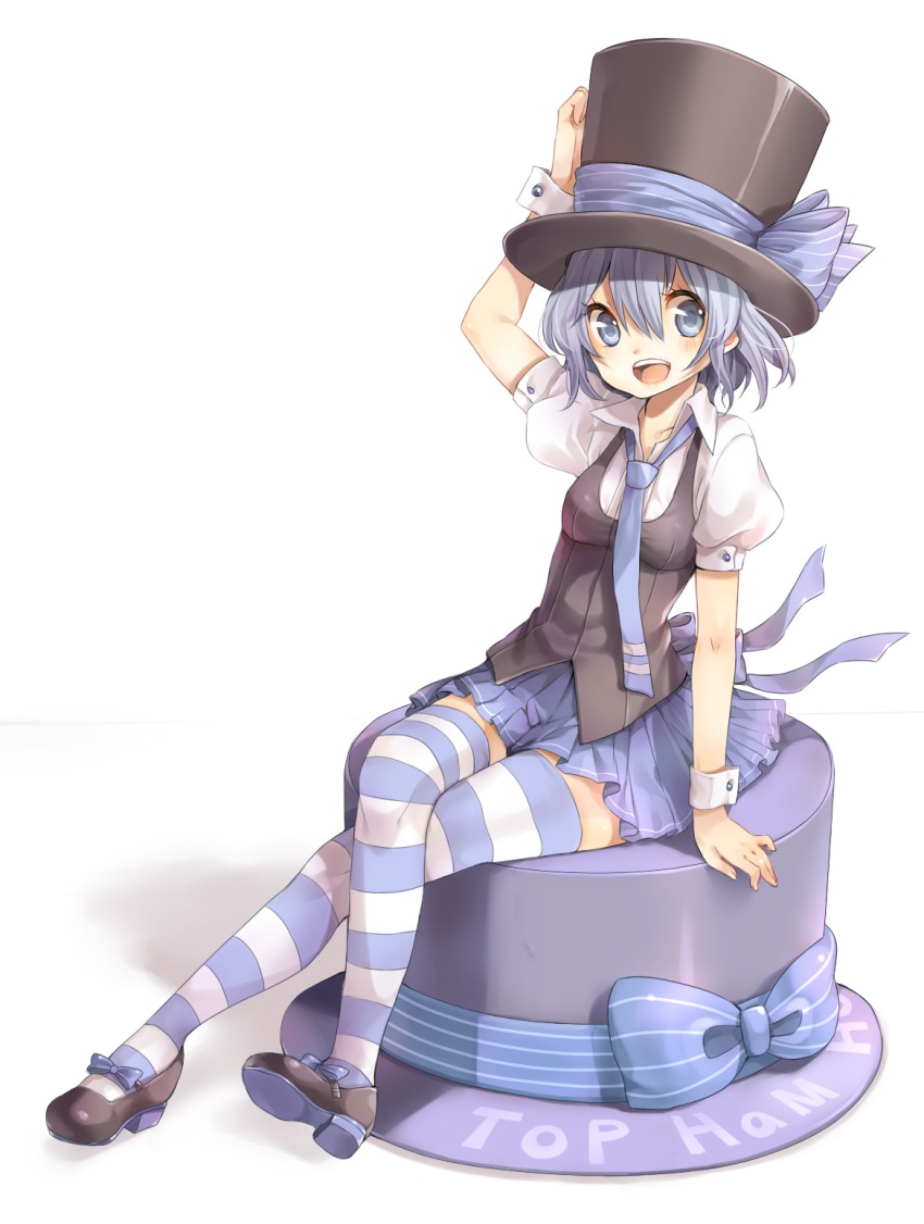 1girl, blue_eyes, blue_hair, blue_thighhighs, bow, crossed_legs, female_focus, hamko_(rbb), hat, highres, mary_janes, matching_hair/eyes, necktie, original, rainybluebell, rojiko, shoe_soles, shoes, sitting, solo, square-end_necktie, striped_clothes, striped_thighhighs, thighhighs, top_hat, wrist_cuffs, zettai_ryouiki