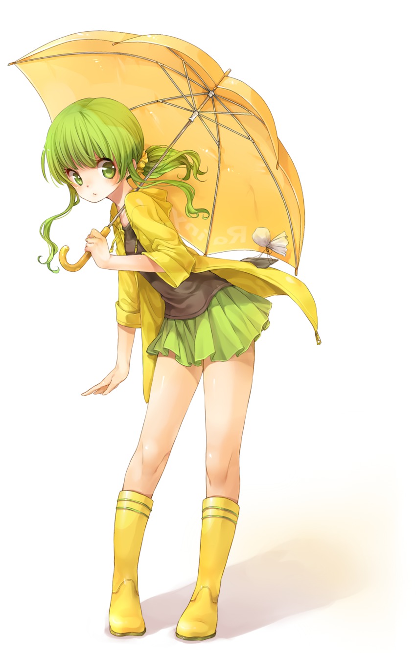 1girl, boots, female_focus, full_body, green_eyes, green_hair, green_skirt, hair_ornament, hair_scrunchie, highres, holding, holding_umbrella, ketsuko_(rbb), long_hair, looking_to_the_side, matching_hair/eyes, original, pleated_skirt, ponytail, raincoat, rainybluebell, rojiko, rubber_boots, scrunchie, shiny_skin, sidelocks, skirt, sleeves_rolled_up, solo, standing, teruterubouzu, umbrella, yellow_boots, yellow_raincoat
