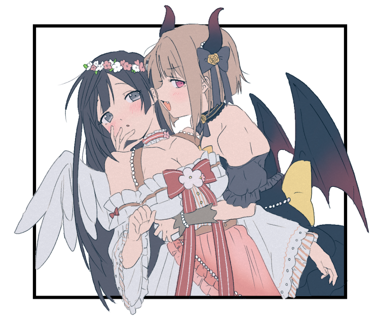 2girls, :o, angel_wings, black_dress, black_hair, black_horns, black_wings, blush