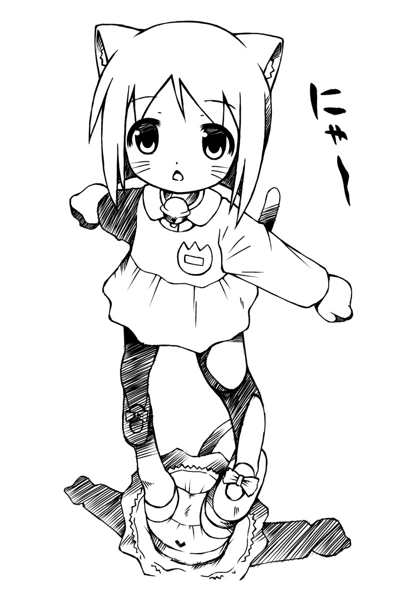 1girl, animal_ears, bell, bow, bow_panties, cat_day, cat_ears, cat_girl, cat_tail, collar, highres, jingle_bell, kindergarten_uniform, loli, long_sleeves, looking_at_viewer, monochrome, name_tag, neck_bell, open_mouth, original, panties, reflection, sakemasu, shoes, short_hair, skirt, standing, sweater, tail, thighhighs, underwear, upskirt, whiskers