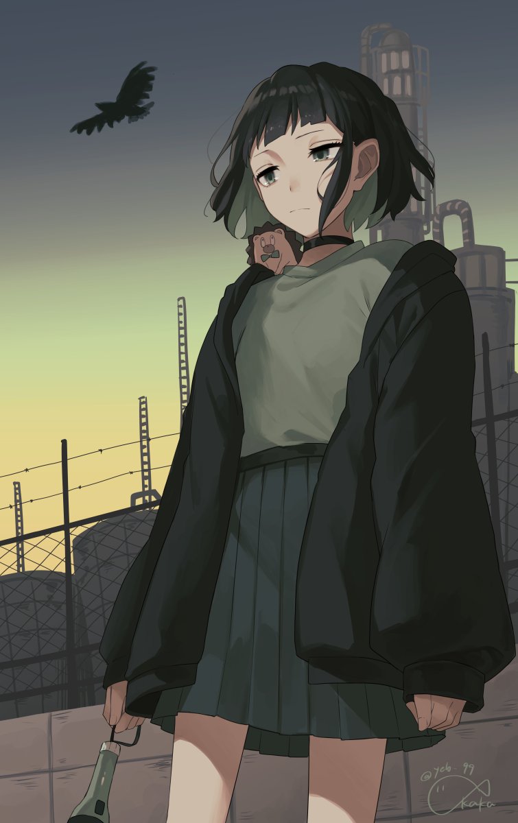 1girl, animal, animal_on_shoulder, black_choker, black_hair, black_jacket, choker, colored_inner_hair, expressionless, flashlight, green_eyes, green_hair, green_skirt, green_sweater, hedgehog, highres, holding, holding_flashlight, jacket, kaiya, mabushii_dna_dake_(zutomayo), multicolored_hair, nira-chan, nira-chan_(mabushii_dna_dake)_(zutomayo), open_clothes, open_jacket, skirt, standing, sweater, uniguri_(zutomayo), zutto_mayonaka_de_ii_no_ni