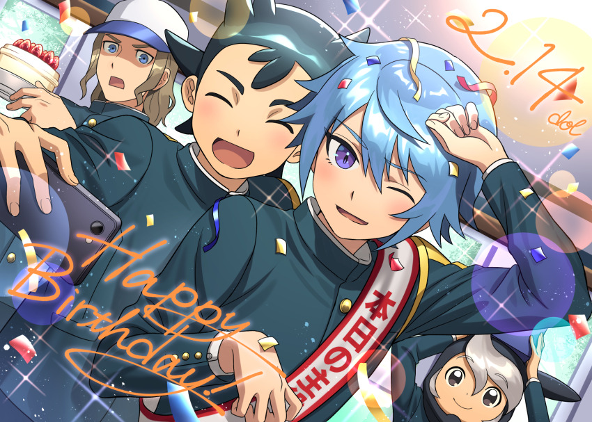 4boys, baseball_cap, birthday, birthday_cake, black_eyes, black_hair, blonde_hair, blue_eyes