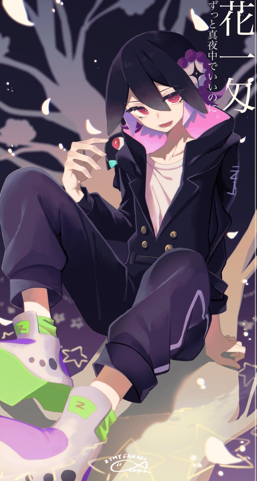 1girl, :d, black_hair, black_jumpsuit, blue_bow, blue_bowtie, bow, bowtie