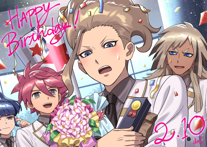 4boys, birthday, black_necktie, blue_eyes, blue_hair, bouquet, brown_hair, collared_shirt