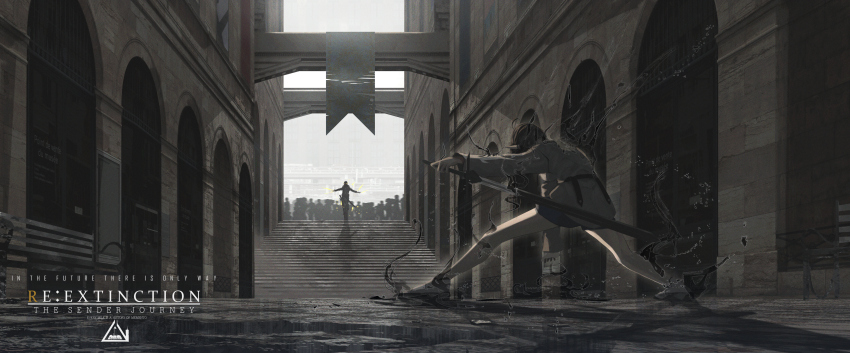 1girl, absurdres, black_footwear, black_hair, building, english_text, fighting_stance, highres
