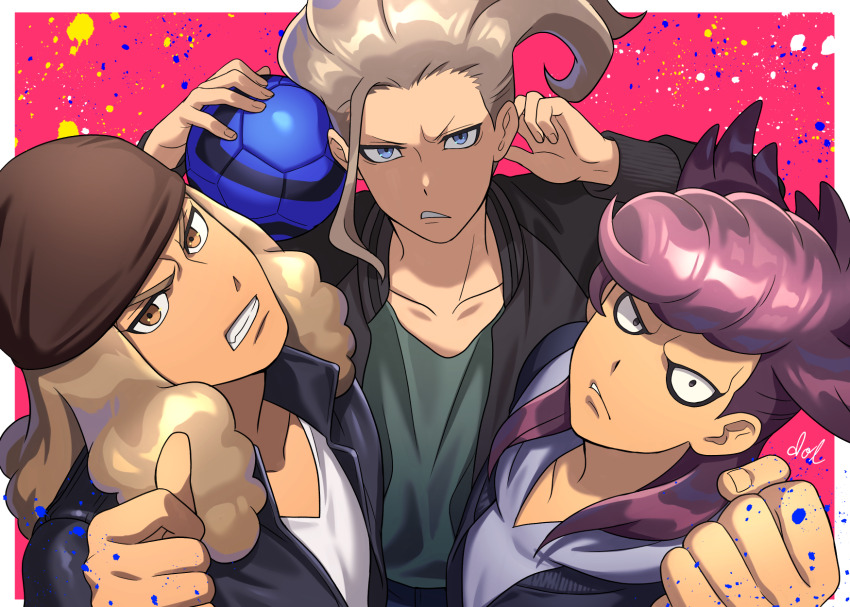 3boys, ball, bandana, black_jacket, blue_eyes, blue_hoodie, border, brown_bandana, brown_eyes, brown_hair, clenched_hand, dark-skinned_male, dark_skin, dolustoy, frown, green_shirt, highres, hood, hood_down, hoodie, inazuma_eleven, inazuma_eleven_(series), inazuma_eleven_ares_no_tenbin, inazuma_eleven_go, inazuma_eleven_go_galaxy, jacket, kusaka_ryuuji, long_hair, looking_at_viewer, male_focus, multicolored_background, multiple_boys, nishikage_seiya, paint_splatter, pink_background, purple_hair, shirt, simple_background, soccer_ball, tobitaka_seiya, white_border, white_shirt