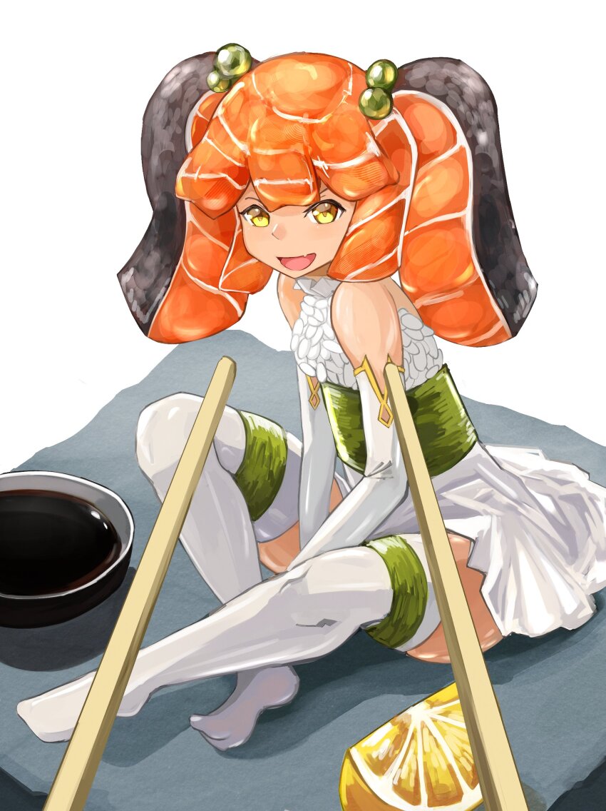 1girl, absurdres, chopsticks, dress, fish_(food), food, fruit, highres