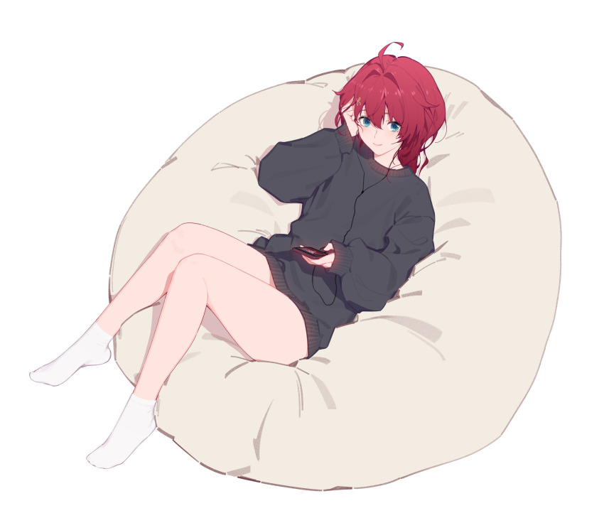 1girl, absurdres, adjusting_earphones, ahoge, alternate_costume, bare_legs, bean_bag_chair, black_sweater