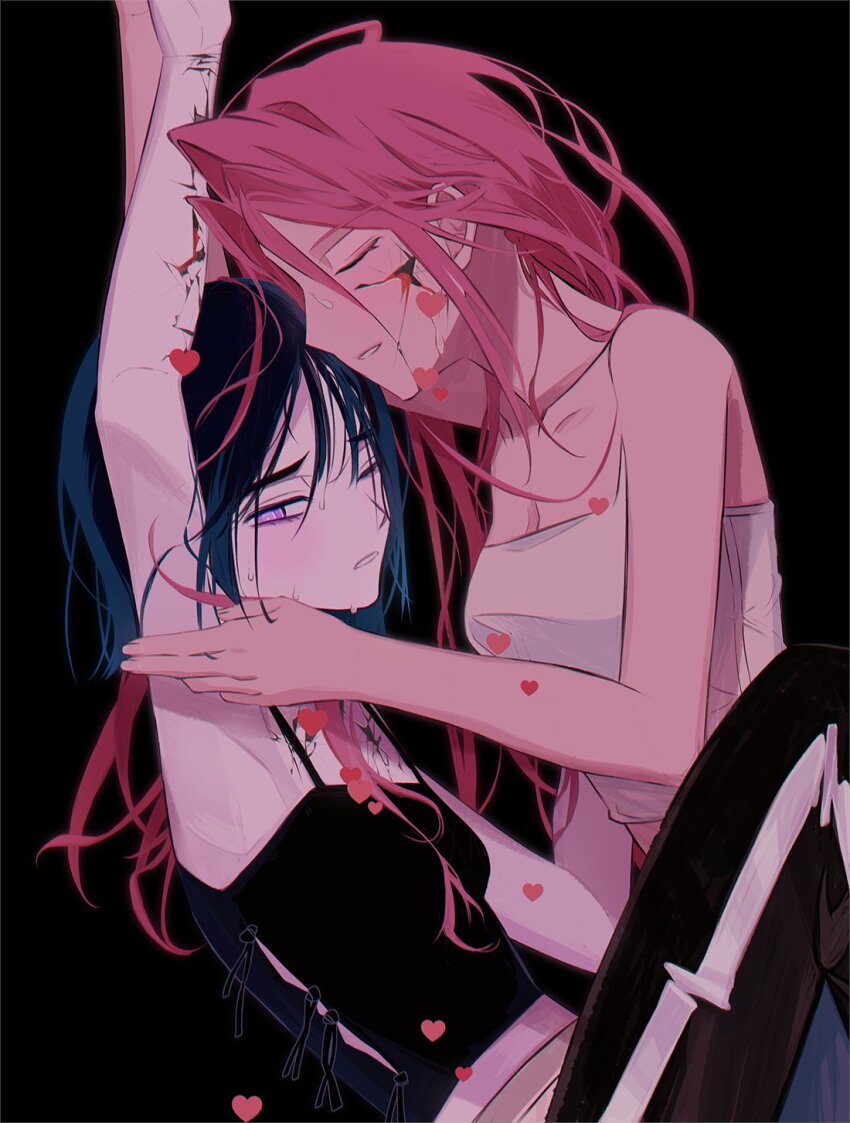 2girls, alien_stage, arm_up, armpits, bare_shoulders, black_hair, black_pants, black_tank_top