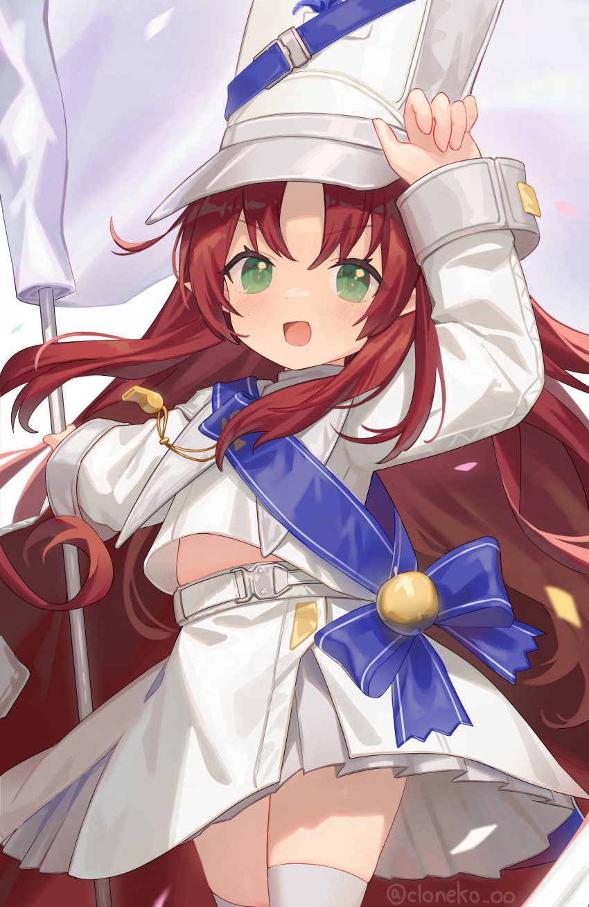 1girl, absurdres, arknights, cloneko_(zelmeledf2), commentary_request, cowboy_shot, flag, green_eyes